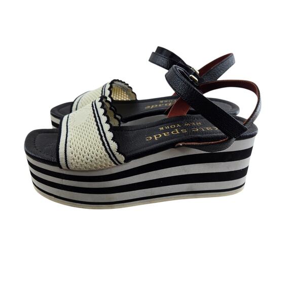Kate Spade High Rise Spade Platform Wedge Sandals 6 B Black White Striped Preppy - Picture 8 of 14